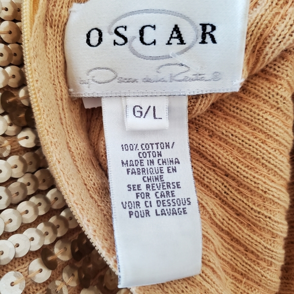 VINTAGE OSCAR DE LA RENTA Sz L Gold Sequin Short Sleeve Sweater Top Zip GLITZY - Picture 2 of 16